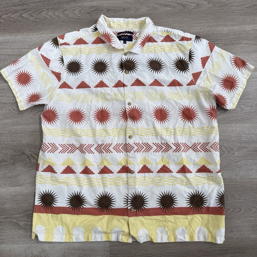 Roark Gonzo SS Shirt Mens XL Aztec Sun Print Organic Cotton Camp Collar